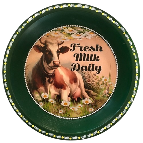 Pie Pan Forrest Green FRESH MILK DAILY Farmhouse Country Cow Wall Art Handmade Hand Painted Repurposed Upcycled Gift Idea Crafters Delight {{ JAMsCraftCloset }}