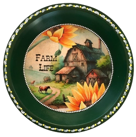 Pie Pan Forrest Green FARM LIFE Farmhouse Country Wall Art Handmade Hand Painted Repurposed Upcycled Gift Idea Crafters Delight {{ JAMsCraftCloset }}