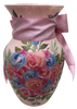 Glass PINK Vase Decoupaged PINK AND BLUE ROSES and PINK BOW AND FLOWER Wedding Decor Shelf Sitter Floral Vase Flower Vase Gift Idea Table Decor Centerpiece Home Decor Cottage Chic Farmhouse Decor Victorian Decor - JAMsCraftCloset
