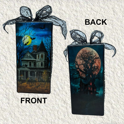 GLASS RECTANGLE BLOCK Halloween Decor Shelf Sitter Hand Painted Decoupaged HAUNTED HOUSES 2 Black Gold Dot Bow - REVERSIBLE Aqua Bow Gift Idea