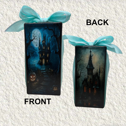 GLASS RECTANGLE BLOCK Halloween Decor Shelf Sitter Hand Painted Decoupaged HAUNTED HOUSES - REVERSIBLE Aqua Bow Gift Idea - JAMsCraftCloset
