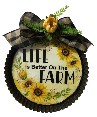 Tart Pan Round Metal Hand Painted Upcycled Repurposed LIFE IS BETTER ON THE FARM Home Decor Wall Art Gift - JAMsCraftCloset