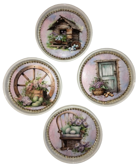 Mini Ceramic Rounds Wall Art Handmade Hand Painted Wall Art COUNTRY ACCENTS WITH EGGS Kitchen SET OF 4 Decor Gift Idea {{ JAMsCraftCloset }}