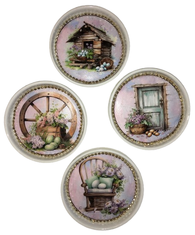 Mini Ceramic Rounds Wall Art Handmade Hand Painted Wall Art COUNTRY ACCENTS WITH EGGS Kitchen SET OF 4 Decor Gift Idea {{ JAMsCraftCloset }}