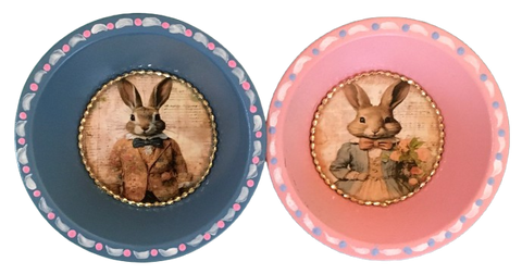 Mini Pie Pan Wall Art Handmade Hand Painted Wall Art Pink and Blue Mr and Mrs Bunny Nursery Child's Room SET OF 2 Decor Gift Idea {{ JAMsCraftCloset }}