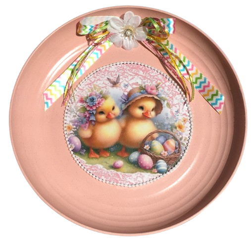 Hard Plastic Bowl Pink With CHICKS With EGG BASKET Farmhouse Country EASTER Decor Wall Art Handmade Hand Painted Repurposed Upcycled Gift Idea {{ JAMsCraftCloset }}