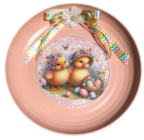 Hard Plastic Bowl Pink With CHICKS With EGG BASKET Farmhouse Country EASTER Decor Wall Art Handmade Hand Painted Repurposed Upcycled Gift Idea {{ JAMsCraftCloset }}