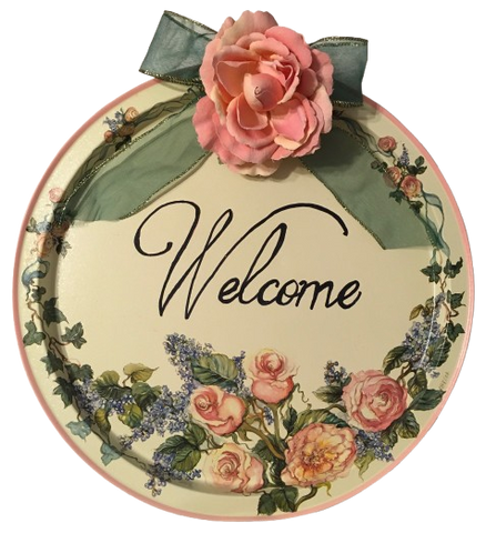 Metal Round TRAY Farmhouse Country Roses and Lilacs Wall Art WELCOME Cottage Chic Victorian Decor Handmade Gift Idea {{ JAMsCraftCloset }}