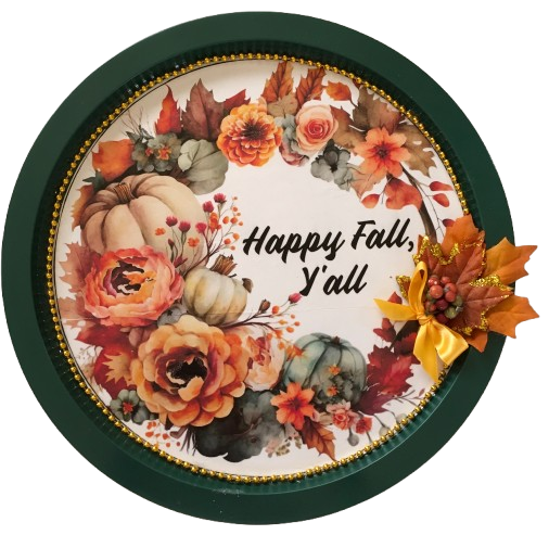 Metal Round TRAY Farmhouse Country Pumpkins Leaves and Floral Wall Art HAPPY FALL Y'ALL Handmade Gift Idea {{ JAMsCraftCloset }}