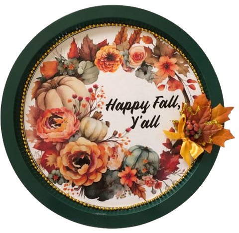 Metal Round TRAY Farmhouse Country Pumpkins Leaves and Floral Wall Art HAPPY FALL Y'ALL Handmade Gift Idea {{ JAMsCraftCloset }}