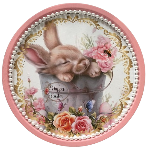 Metal Round TRAY Farmhouse Country EASTER BUNNY IN PAIL Wall Art HAPPY EASTER Cottage Chic Victorian Decor Handmade Gift Idea {{ JAMsCraftCloset }}