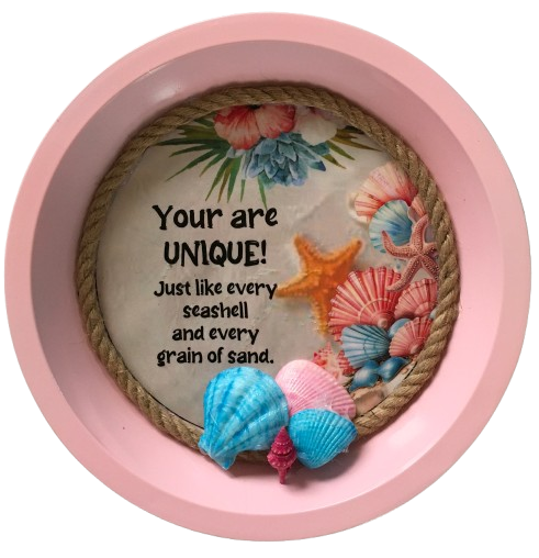 Pie Pan Pale Pink YOU ARE UNIQUE LIKE THE SEASHELLS AND SAND Beach House Lake House Decor Wall Art Handmade Hand Painted Repurposed Upcycled Gift Idea - JAMsCraftCloset