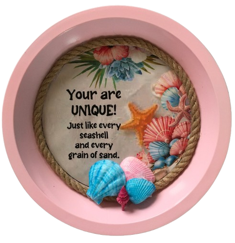 Pie Pan Pale Pink YOU ARE UNIQUE LIKE THE SEASHELLS AND SAND Beach House Lake House Decor Wall Art Handmade Hand Painted Repurposed Upcycled Gift Idea - JAMsCraftCloset