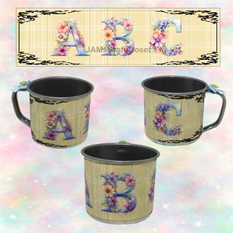 SMALL Tin Cup Decoupaged With Child's Graphic PASTEL FLORAL With Bow on Handle Gift for Child Nursery Decor Child's Room Decor- JAMsCraftCloset