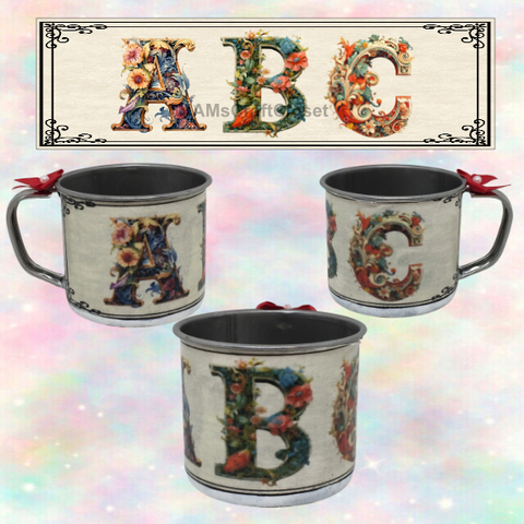 SMALL Tin Cup Decoupaged With Child's Graphic FLORAL With Bow on Handle Gift for Child Nursery Decor Child's Room Decor- JAMsCraftCloset