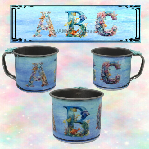 SMALL Tin Cup Decoupaged With Child's Graphic OCEAN With Bow on Handle Gift for Child Nursery Decor Child's Room Decor- JAMsCraftCloset