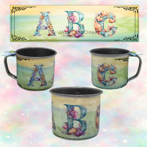 SMALL Tin Cup Decoupaged With Child's Graphic OCEAN 2 With Bow on Handle Gift for Child Nursery Decor Child's Room Decor- JAMsCraftCloset