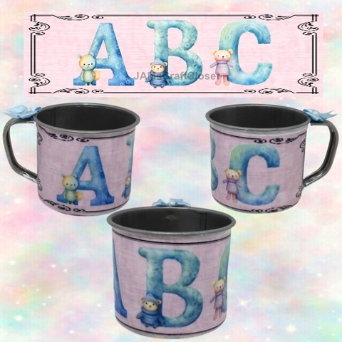 SMALL Tin Cup Decoupaged With Child's Graphic ABC BEARS With Bow on Handle Gift for Child Nursery Decor Child's Room Decor - JAMsCraftCloset