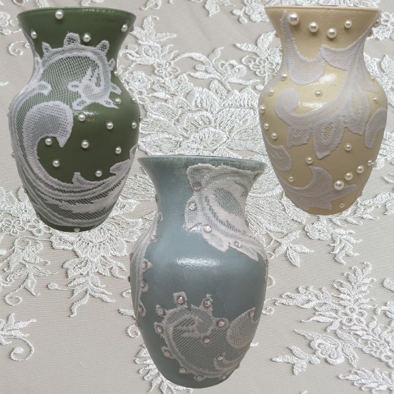 Glass VASES MOSS GREEN DAWN BLUE CASHEW TAN Decoupaged LACE and BLING Wedding Decor Shelf Sitter Lace Vase Shabby Chic Victorian BoHo Decor Gift Idea - JAMsCraftCloset