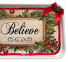 Metal Tray WHITE - CHRISTMAS - BELIEVE -Holly and Berries - HOLIDAY Wall Art Shelf Sitter Handmade Decoupaged Upcycled Metal Tray Gift- JAMsCraftCloset