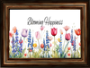 RECTANGLE SHAPED Digital Graphic Design BLOOMING HAPPINESS - TULIPS and BLUE LUPINE - PNG SVG Lake House Sign Farmhouse &nbsp;Country Home Cabin KITCHEN Wall Art Decor Wreath Design Gift Crafters Delight HAPPY CRAFTING - JAMsCraftCloset