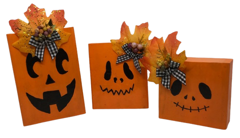 PUMPKIN JACK-O-LANTERN SET OF 3 Chunky Wooden Hand Painted Handmade Kitchen Fall Halloween Decoration Home Decor Set of 3- JAMsCraftCloset