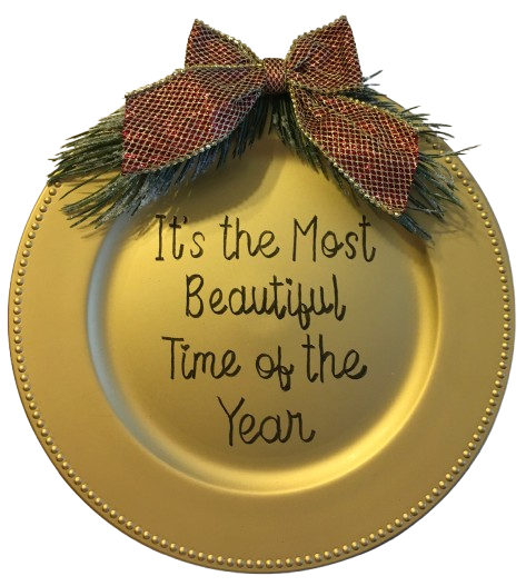 Dollar Tree Plastic GOLD CHARGER PLATE Christmas Holiday Wall Art IT'S THE MOST BEAUTIFUL TIME OF THE YEAR Handmade Gift Idea Crafters Delight - JAMsCraftCloset