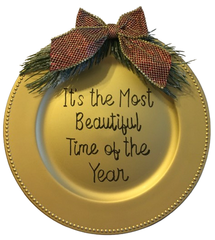 Dollar Tree Plastic GOLD CHARGER PLATE Christmas Holiday Wall Art IT'S THE MOST BEAUTIFUL TIME OF THE YEAR Handmade Gift Idea Crafters Delight - JAMsCraftCloset