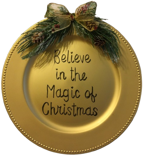 Dollar Tree Plastic Gold CHARGER PLATE Christmas Holiday Wall Art BELIEVE IN THE MAGIC OF CHRISTMAS Handmade Gift Idea Crafters Delight - JAMsCraftCloset