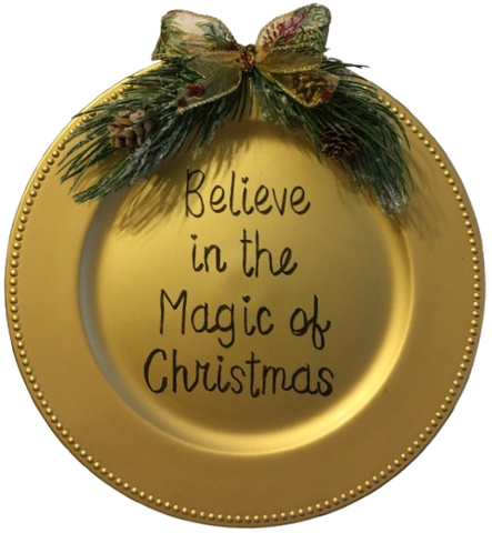 Dollar Tree Plastic Gold CHARGER PLATE Christmas Holiday Wall Art BELIEVE IN THE MAGIC OF CHRISTMAS Handmade Gift Idea Crafters Delight - JAMsCraftCloset