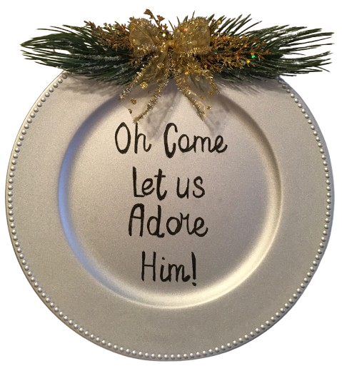 Dollar Tree Plastic SILVER CHARGER PLATE Christmas Holiday Wall Art OH COME LET US ADORE HIM Handmade Gift Idea Crafters Delight - JAMsCraftCloset