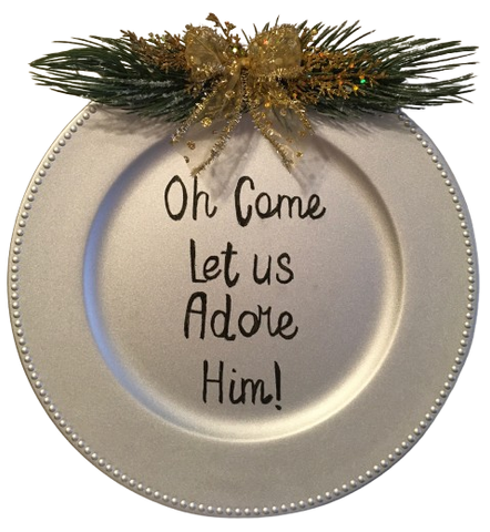 Dollar Tree Plastic SILVER CHARGER PLATE Christmas Holiday Wall Art OH COME LET US ADORE HIM Handmade Gift Idea Crafters Delight - JAMsCraftCloset