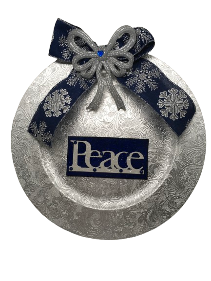 Dollar Tree Plastic Silver CHARGER PLATE Christmas Holiday Wall Art PEACE and SNOWFLAKE THEME Handmade Gift Idea Crafters Delight - JAMsCraftCloset