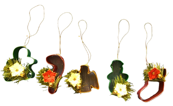 COOKIE CUTTER ORNAMENTS PINE, Red and White Poinsettia and Gold Bell Handmade Christmas Ornament Collectible WINTER Decor Gift Idea Home Decor Unique SET OF 5 - JAMsCraftCloset