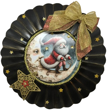 Black CHARGER PLATE Christmas Holiday Wall Art SANTA SLEIGHING ON THE MOON Handmade Gift Idea Crafters Delight - JAMsCraftCloset