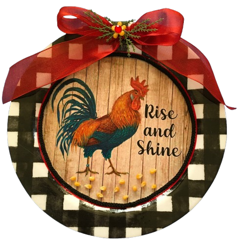 Dollar Tree Plastic Black and White Checkered PLATE Farmhouse Country Wall Art Rooster and Corn RISE AND SHINE Handmade Gift Idea Crafters Delight {{ JAMsCraftCloset }}