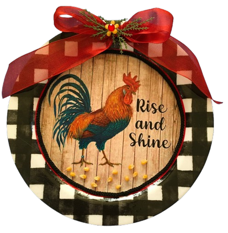 Dollar Tree Plastic Black and White Checkered PLATE Farmhouse Country Wall Art Rooster and Corn RISE AND SHINE Handmade Gift Idea Crafters Delight - JAMsCraftCloset