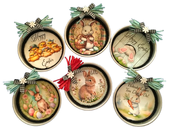 Easter Tin Mini Cake Pan Rounds Wall Art Handmade Hand Painted Bunnies and Chicks Gift Idea Crafters Delight - JAMsCraftCloset