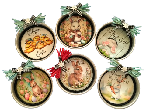 Easter Tin Mini Cake Pan Rounds Wall Art Handmade Hand Painted Bunnies and Chicks Gift Idea Crafters Delight - JAMsCraftCloset