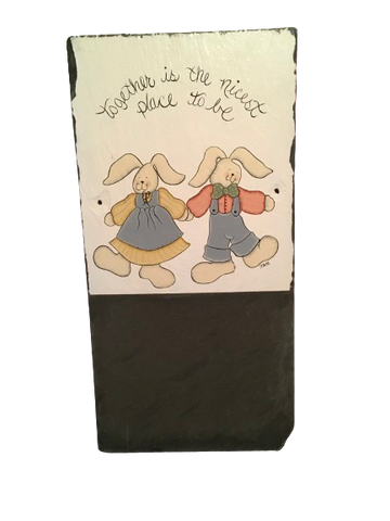Antique Roof Slate and CHALKBOARD Bottom Hand Painted TOGETHER IS THE NICEST PLACE TO BE Unique Country Farmhouse Home Decor Wall Art Bunnies Family Gift - JAMsCraftCloset