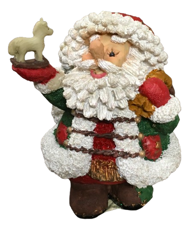 Shelf Sitters Resin FAT SANTA HOLDING HORSE IN PALM OF HAND Vintage Holiday Decoration Christmas Decor Gift Idea Commodore Mfg. Corp. China - JAMsCraftCloset