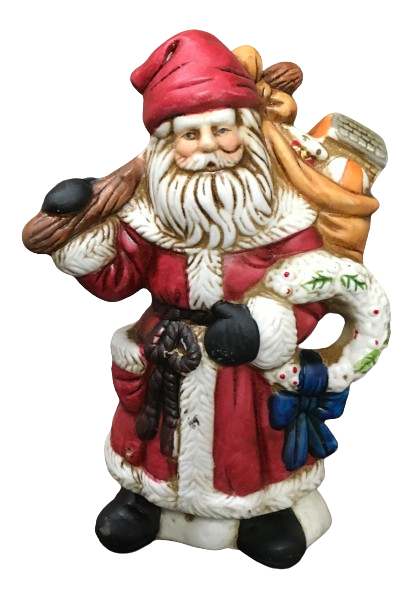 Shelf Sitters SANTA HOLDING WREATH AND BAG ON A STICK Ceramic Vintage Holiday Decoration Christmas Decor Gift Idea - JAMsCraftCloset