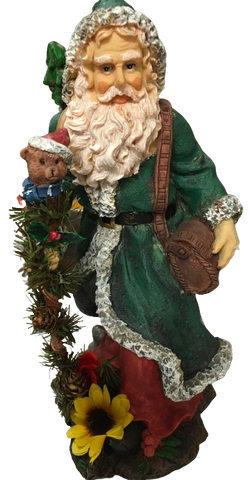 Shelf Sitters SANTA WEARING GREEN CARRYING BEAR AND PURSE Paper Mache Vintage Holiday Decoration Christmas Decor Gift Idea Discontinued - JAMsCraftCloset