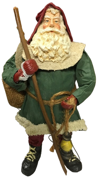 Shelf Sitters SANTA WEARING GREEN CARRYING STICK AND LANTERN Paper Mache Vintage Holiday Decoration Christmas Decor Gift Idea Discontinued