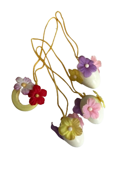Vintage Wooden Mini Easter Eggs With Attached Flowers - Holiday Decorations - 4 Total - Tree Decorations Easter Egg Tree Collectible Rare Discontinued Gift Idea