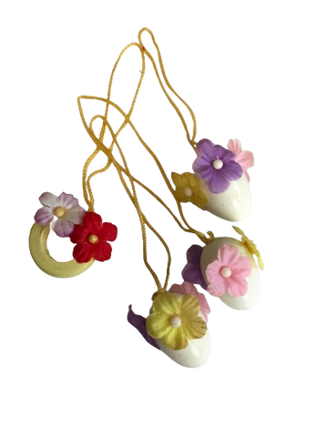 Vintage Wooden Mini Easter Eggs With Attached Flowers - Holiday Decorations - 4 Total - Tree Decorations Easter Egg Tree Collectible Rare Discontinued Gift Idea