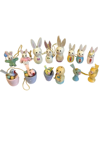 Vintage Easter Tree Mini Ornaments Wooden Hand Painted German(?) Bunnies Chicks - Holiday Decorations - 14 Total - Tree Decorations Easter Egg Tree Collectible Rare Discontinued Gift Idea - JAMsCraftCloset