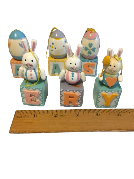 Vintage Wooden Easter Bunny and Egg Block Ornaments - Holiday Decorations - 6 Total - Tree Decorations Easter Egg Tree Collectible Rare Discontinued Gift Idea - JAMsCraftCloset