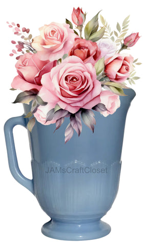DIGITAL GRAPHIC DESIGN-Country-Vintage BLUE PITCHER Pink Roses-Sublimation-Download-Digital Print-Clipart-PNG-SVG-JPEG-Crafters Delight-Kitchen Decor-Gift-Digital Art- JAMsCraftCloset