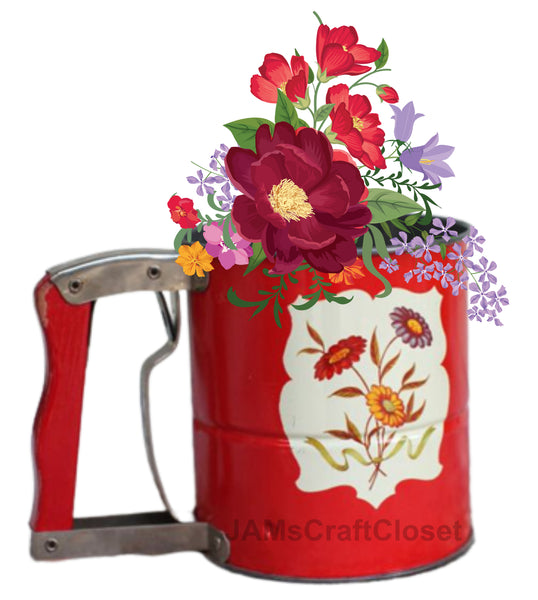 DIGITAL GRAPHIC DESIGN-Country-Floral-Vintage FLOUR SIFTER 2 Red Floral-Sublimation-Download-Digital Print-Clipart-PNG-SVG-JPEG-Crafters Delight-Digital Art - JAMsCraftCloset